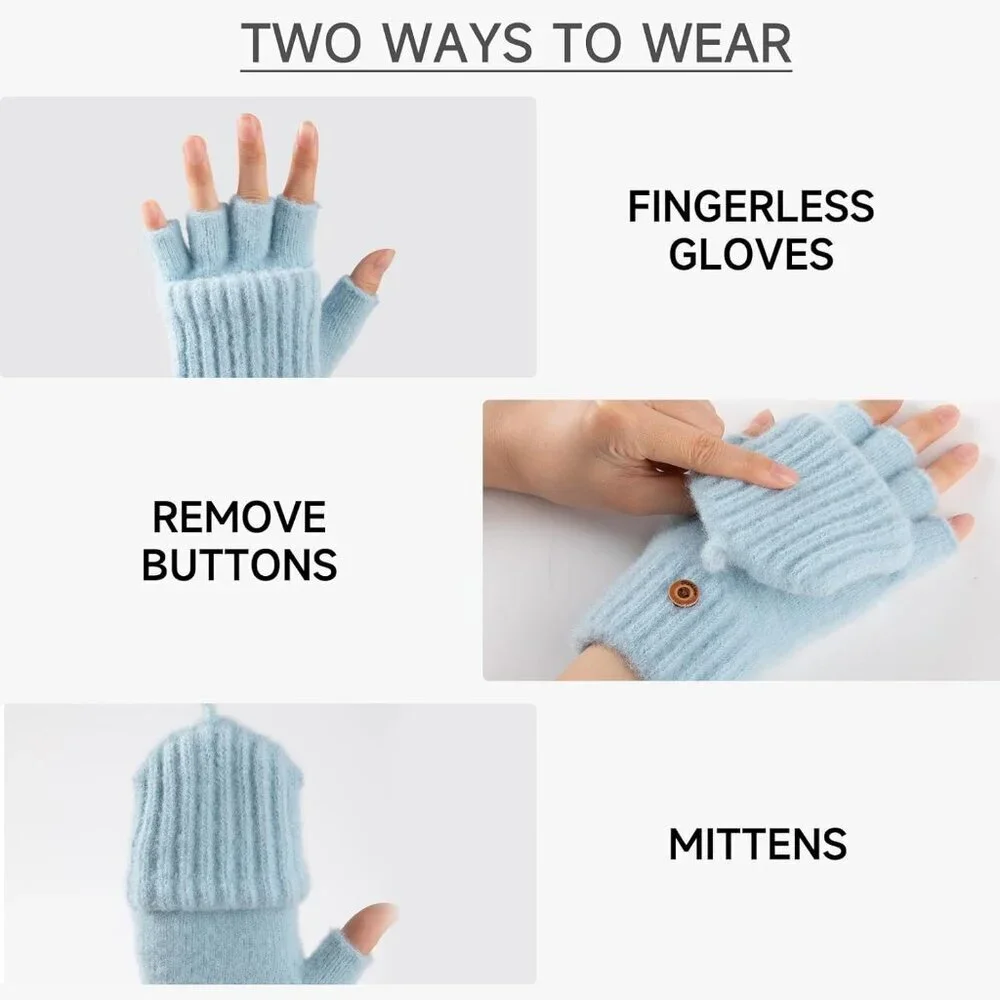 Women's Winter Warm Mittens Knitted Blue Gloves Fingerless Design Button Closure